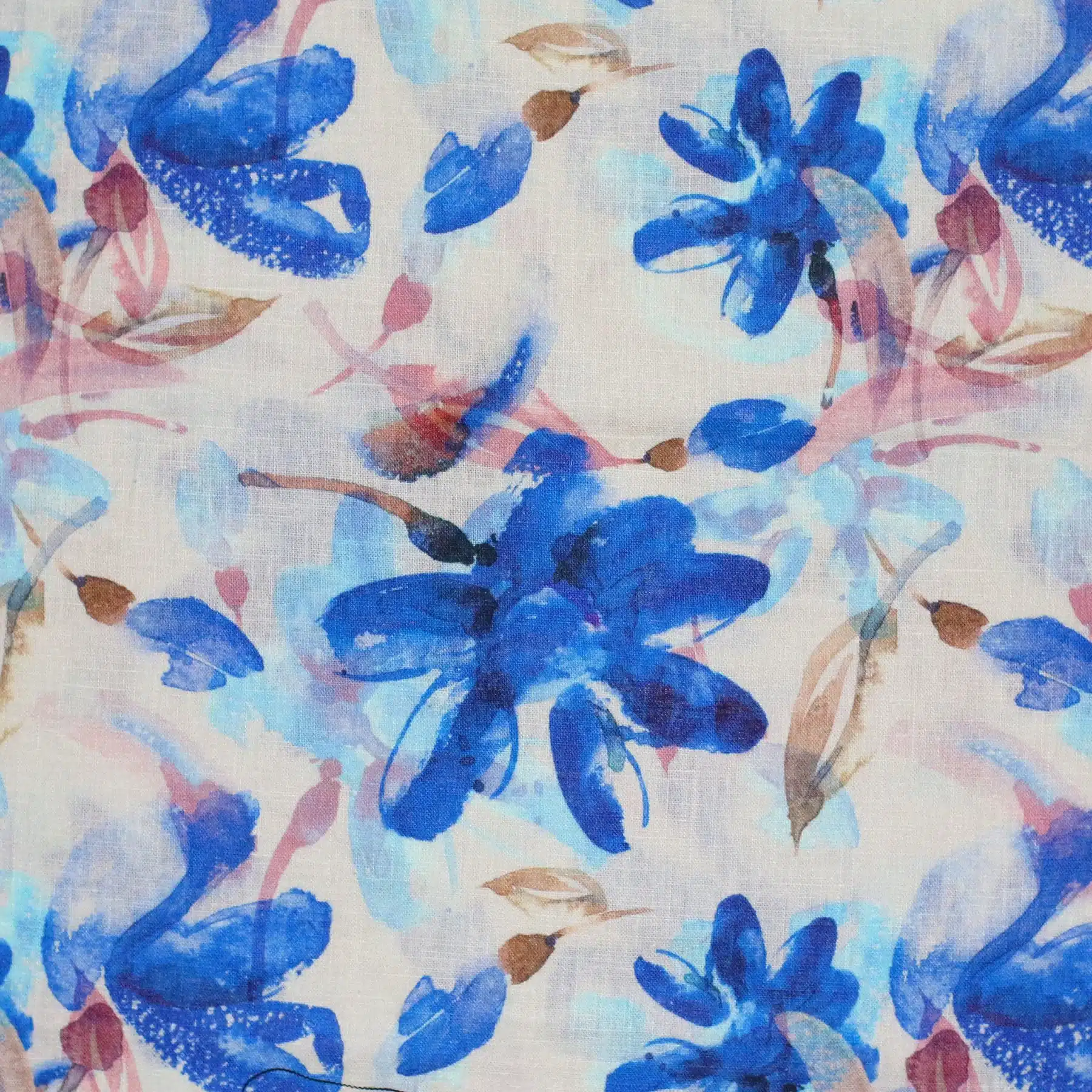 Fine Linen Fabric Watercolor Flower Cobalt x Fine Linen Fabric Watercolor Flower Cobalt x